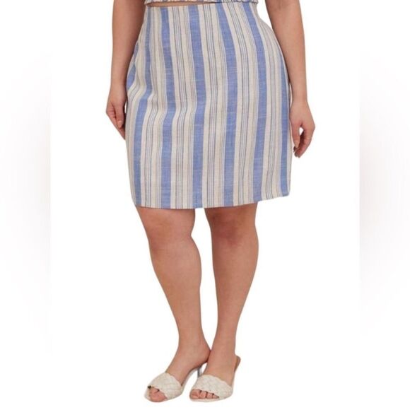 Torrid Mini Linen High Waisted Skirt in Natural Blue Stripe Size 3X NWT - Picture 1 of 14